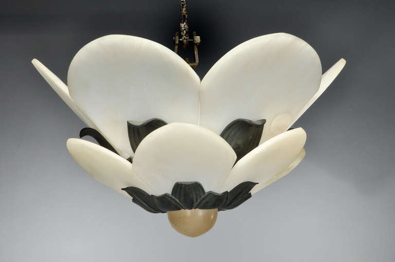 Albert Cheuret Art Deco green patinated bronze and alabaster ceiling light. All alabasters are original (light wears). Signed 