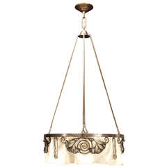 Antique Edgar Brandt Wrought Iron Round Ceiling Light