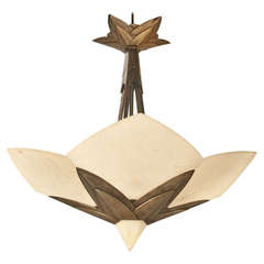 Albert Cheuret " Cactus " Art Deco Bronze and Alabaster Ceiling Light