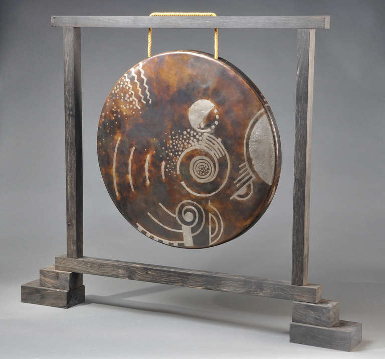 Jean Dunand Rare, Art Deco Gong in Geometric Dinanderie For Sale 1