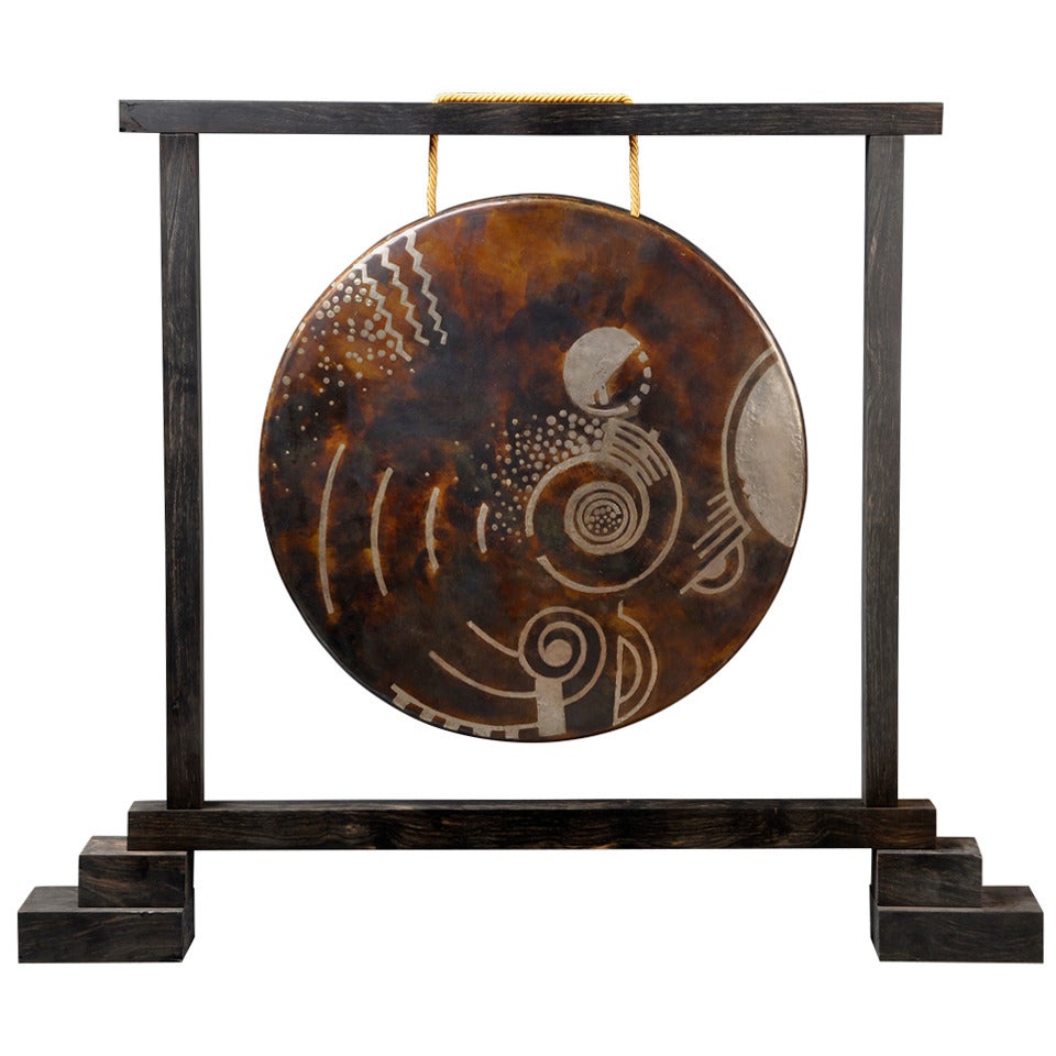 Jean Dunand Rare, Art Deco Gong in Geometric Dinanderie For Sale
