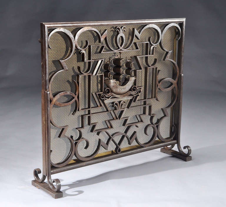 Exceptional fire screen by Edouard Schenck with a brown and silver patina. The gilded metal gate is removable so the fire screen can be used as a decorative piece.