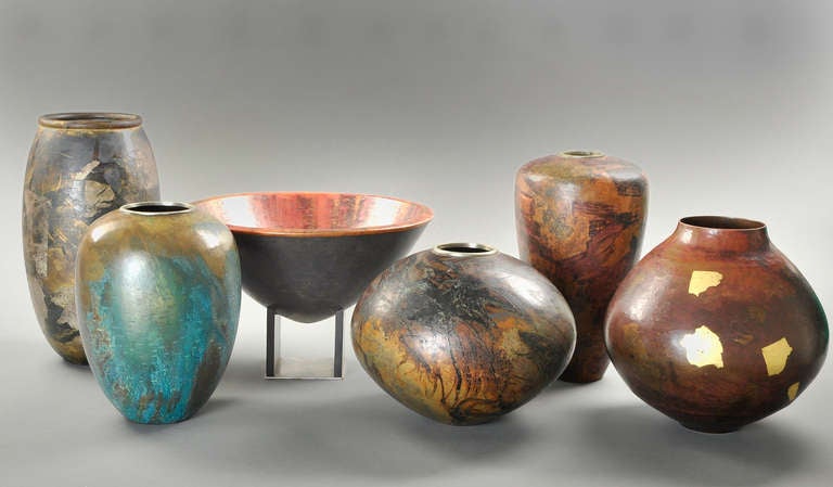 Gerard Beaucousin - Exceptional set of 6 copper vases Circa 1980. All pieces are signed. Higher vase is 11 inches.