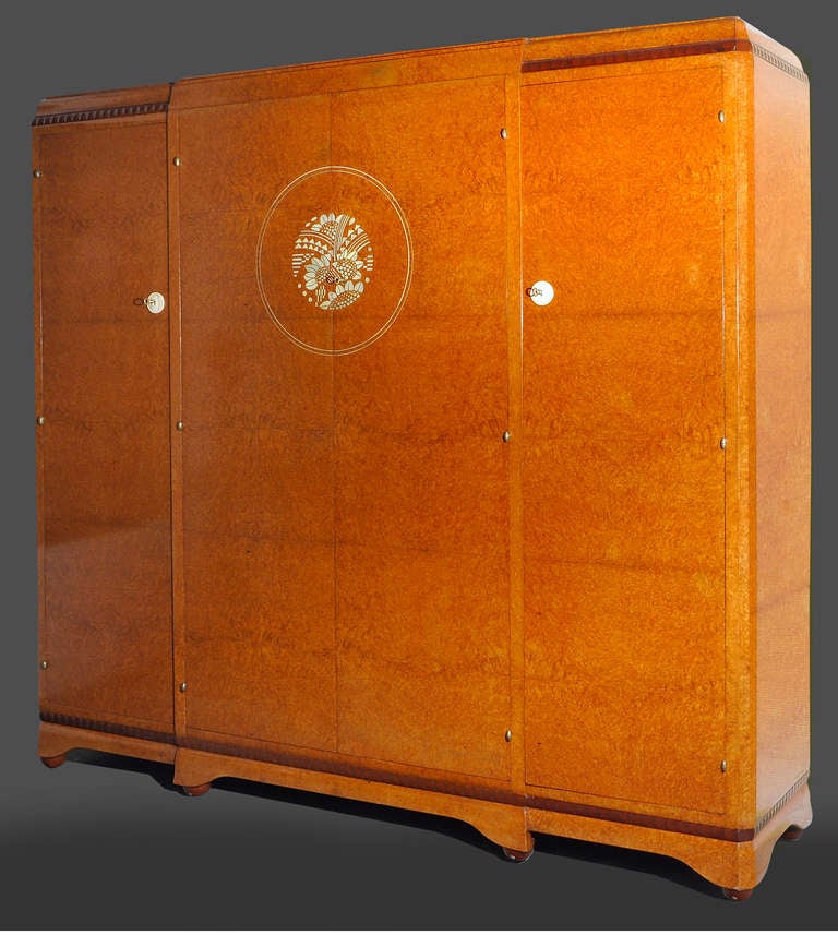 Jules Leleu ca.1925 Walnut Burr, Bone and Mahogany Large Wardrobe