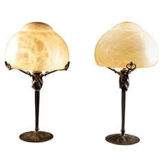 Antique Pair of Wrought Iron and alabaster lamps by Mouchet Ca. 1920