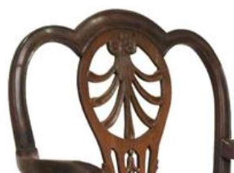 English George III mahogany open armchair, having a triple, arched crestrail over a pierced splat, straight legs joined by stretcher.