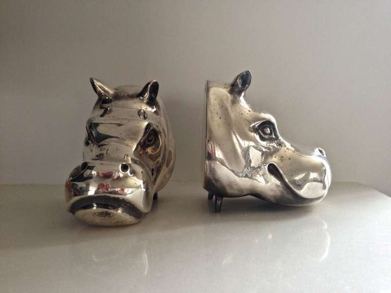 Charming pair of Spanish silver plated Hippo bookend heads.