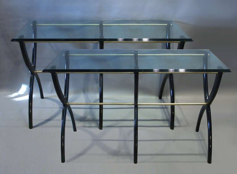 Pair of Italian ebonized and brass console tables
