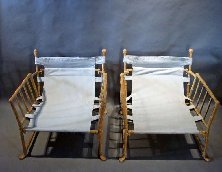 Pair of Spanish 1960's faux bamboo painted aluminium lounger chairs.
