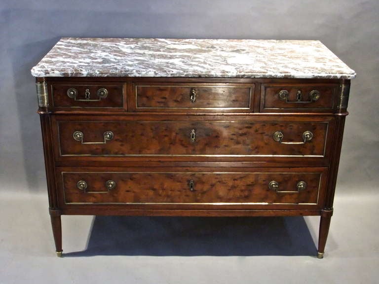 Late 18th century Louis XVI plum pudding mahogany brass mounted commode with original marble top
