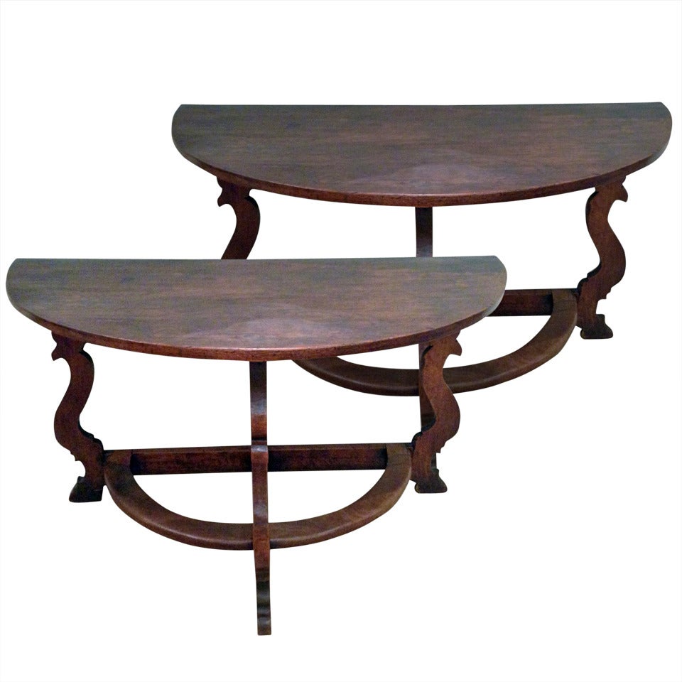 Pair of Walnut Console Tables For Sale