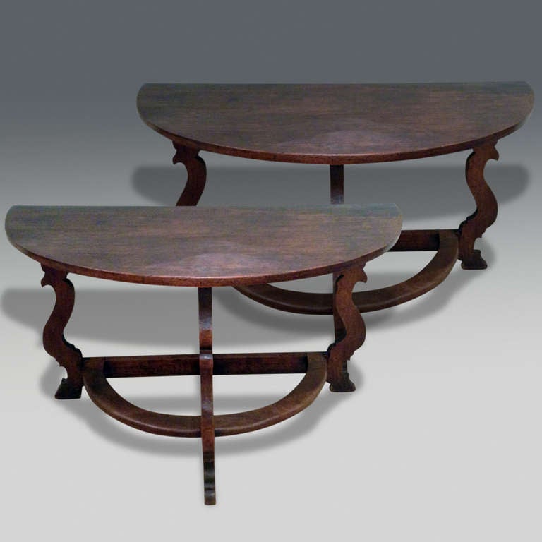 Pair of Mid 18th century Italian walnut demi lune side tables. When put together will make a stylish centre table.