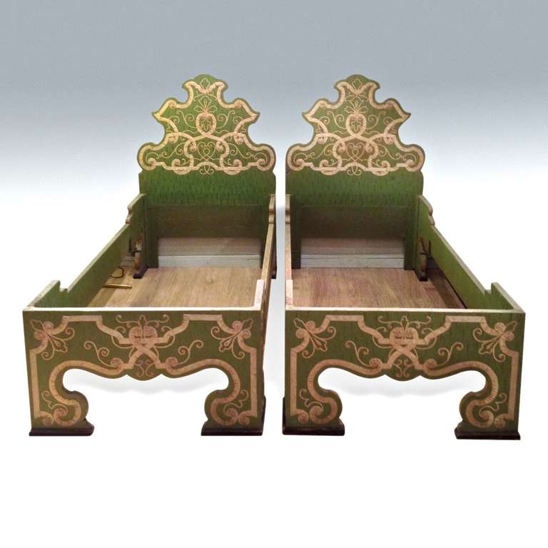 Pair of Extremely beautiful Italian baroque style single beds. The timber frames are covered in textured green linen with intricate cream pleated appliqué decoration.