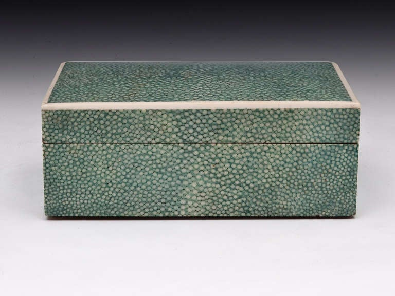 Art Deco Shagreen & Ivory edged Box in a beautiful shade of green, the interior is lined in satin birch. The base of the shagreen box is stamped 
