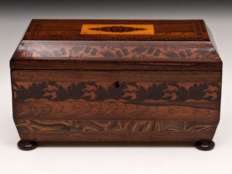 Rosewood Tunbridge Ware Tea Caddy, with abstract panel to top has Tunbridge bands, & rarely seen marbled sliced veneer banding. Interior has a rare view of Rusthall Farm house again with a marbled border.

The interior features two removable