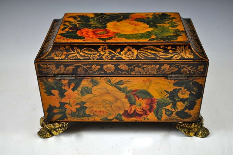 Wonderful example of a Painted Penwork Sewing Box, all applied on white wood sycamore box with a quite beautiful shape. This is one of the best we have had for a very long time and the quality of the work is very high. It's painted all round with a