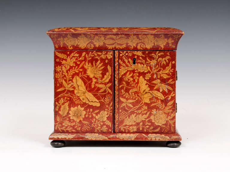 George III Antique Red Lacquer Penwork Sewing Cabinet