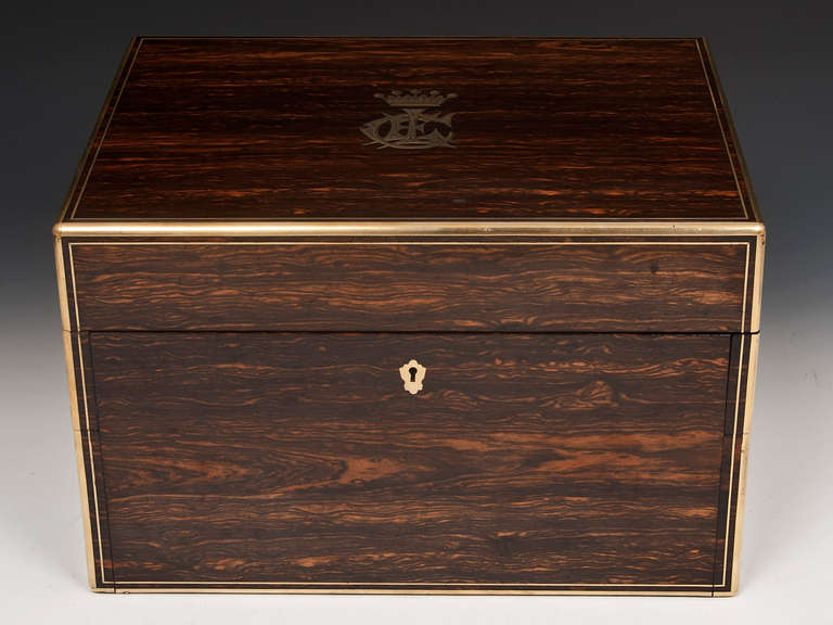 Ortner & Houle Dressing Case, circa 1870

Belonged to Elizabeth Lucy Cuffe, the Countess of Desart and Lady of the Bedchamber to Queen Victoria (between 1845-1864). Veneered in Coromandel with brass edging. The underside of the lid is lined with