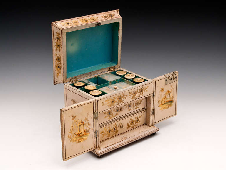 Silk Antique Regency Japanned Chinoiserie Sewing Cabinet