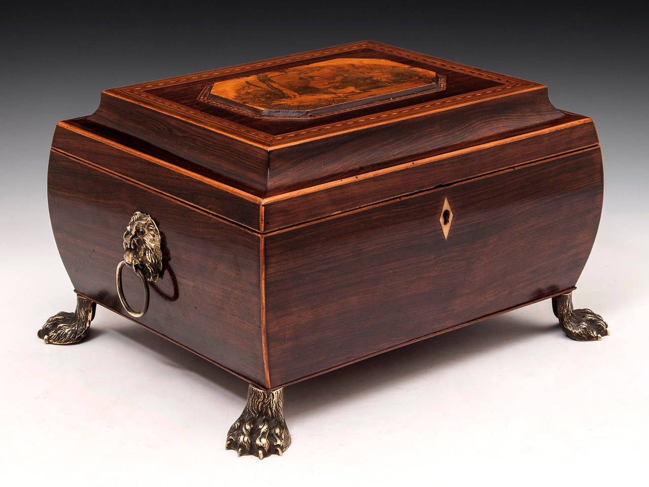 British 19th Century Regency Bombe Shape Mahogany Sewing Box