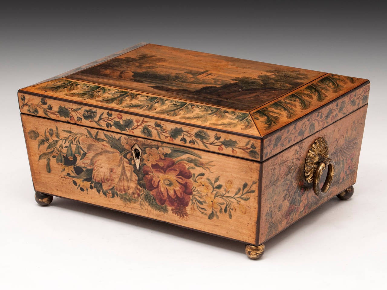 Regency Penwork Sycamore Sewing Box In Good Condition In Northampton, United Kingdom