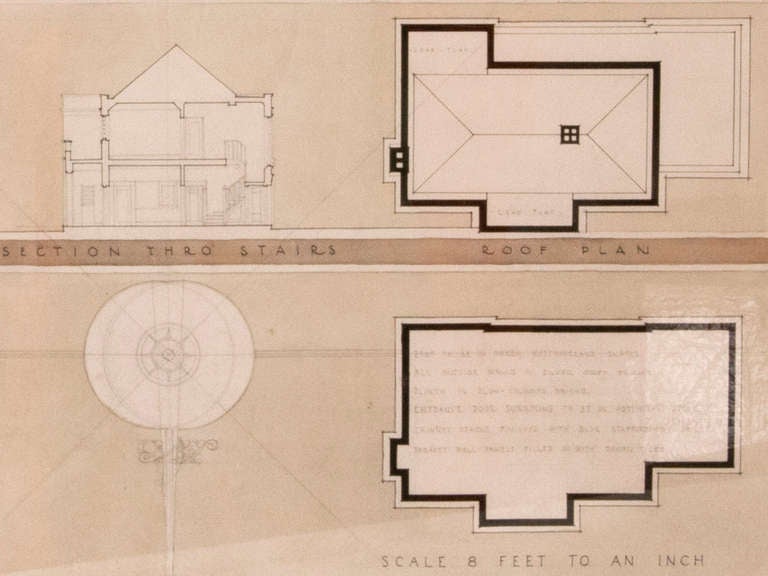 Architectural plans for a small detached residence. 

By A.E. Jeffrey.

The plans include rendered exterior views of the residence and top down plans for the ground floor, first floor and roof all with fantastic detail.