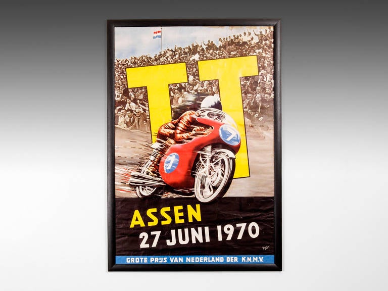 Framed original advertising poster for the Dutch TT. 

The Dutch TT is a motorcycle event traditionally held on the last Saturday of June at the TT circuit, Assen in the Netherlands. 

The text on the bottom of the poster translates to