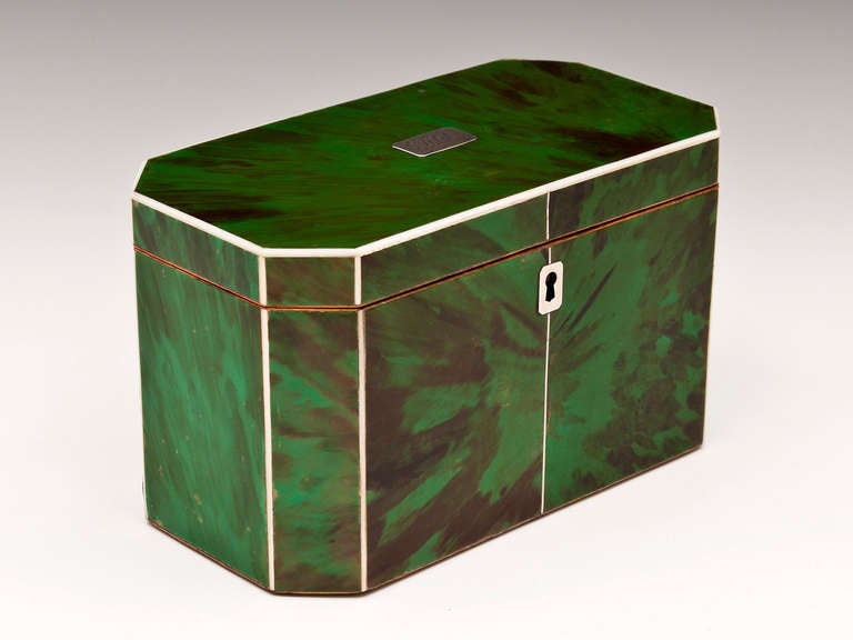 Green Tortoiseshell Tea Caddy In Excellent Condition In Northampton, United Kingdom