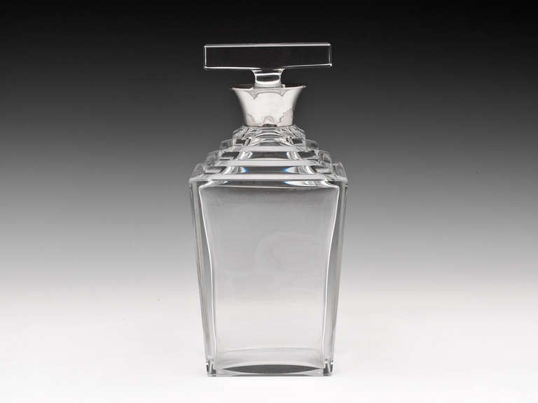 Art Deco Decanter cut glass decanter with T bar Stopper, stunning stepped shoulders & sterling silver collar by Birmingham silversmith John Grinsell & Son