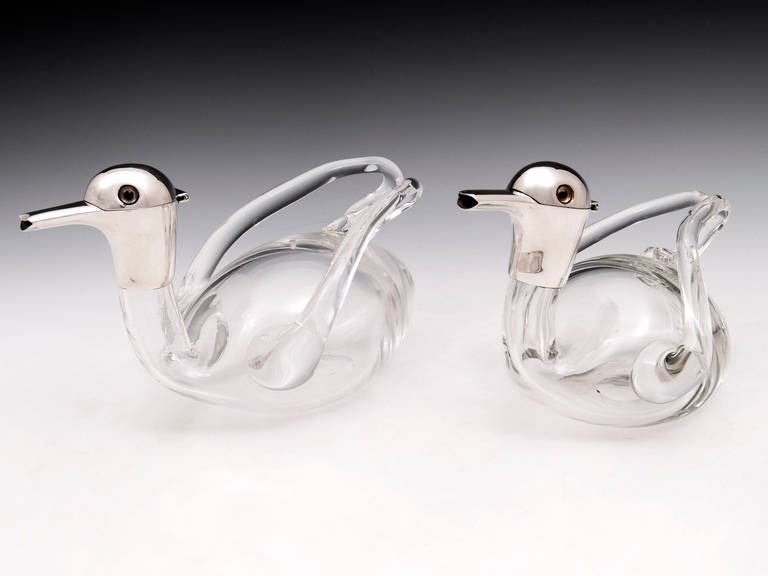 English Pair of Sterling Silver Duck Decanters