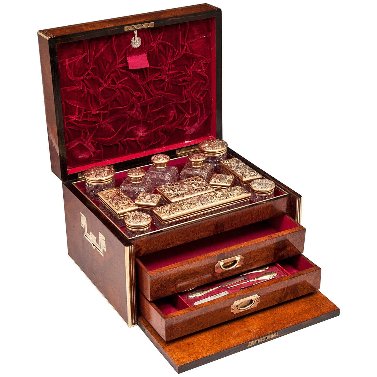 Antique Amboyna Silver Gilt Dressing Vanity Box For Sale at 1stDibs