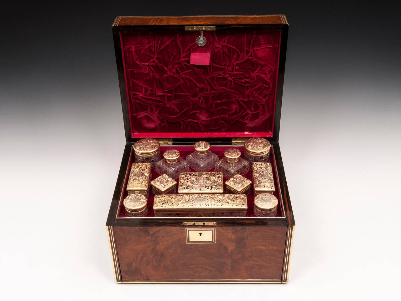 Victorian Antique Amboyna Silver Gilt Dressing Vanity Box For Sale