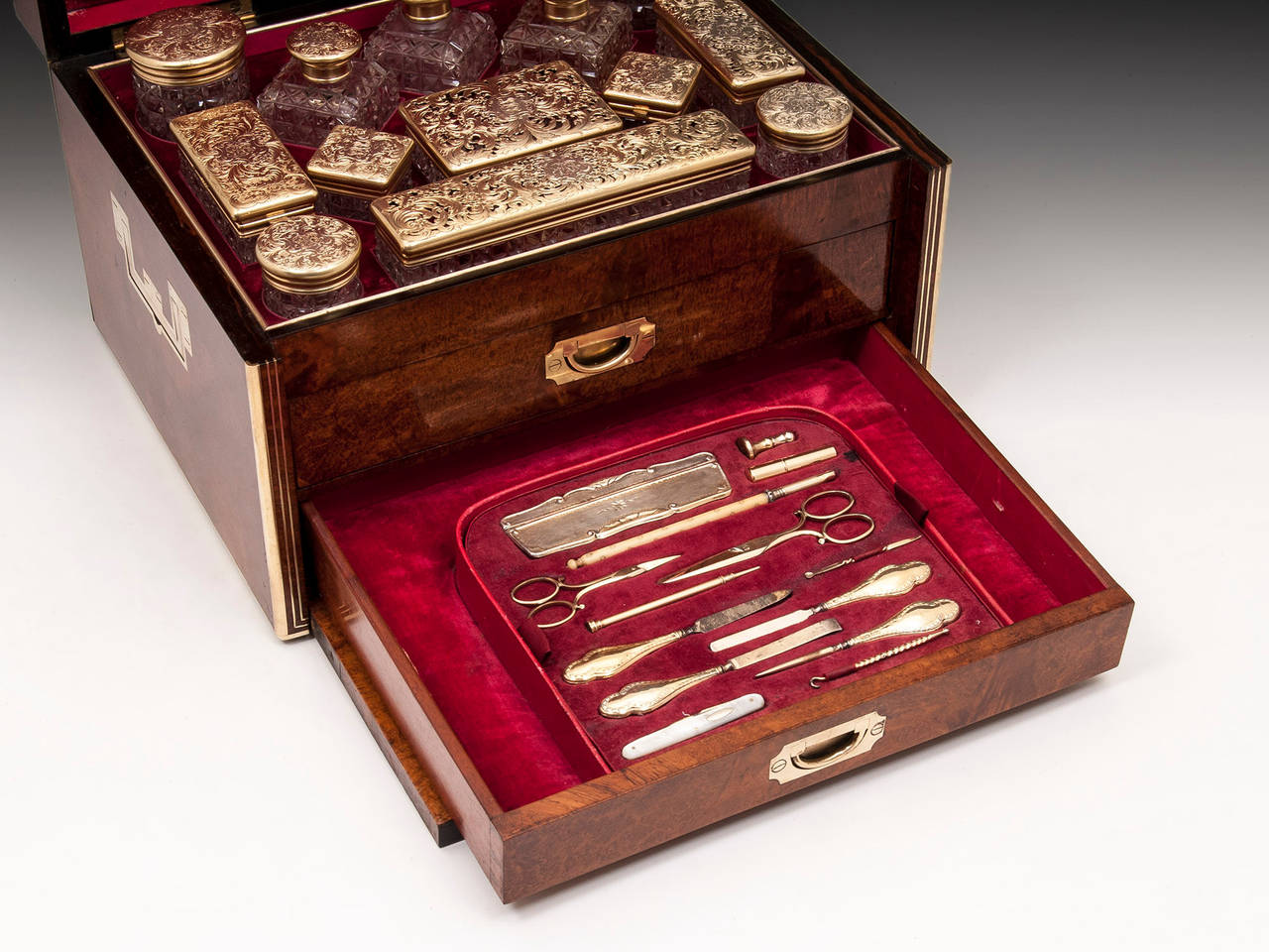 Brass Antique Amboyna Silver Gilt Dressing Vanity Box For Sale