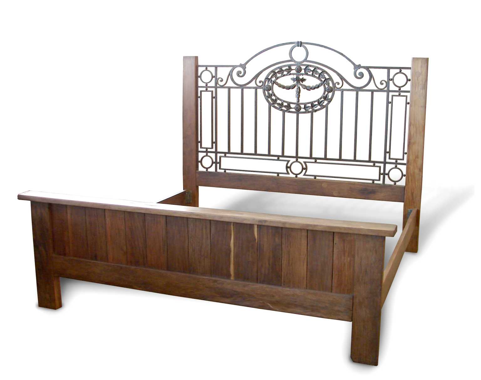 Antique King Bed with Wooden Frame and Foot Board, Iron Headboard and Wood Posts For Sale