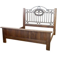 Antique King Bed with Wooden Frame and Foot Board, Iron Headboard and Wood Posts
