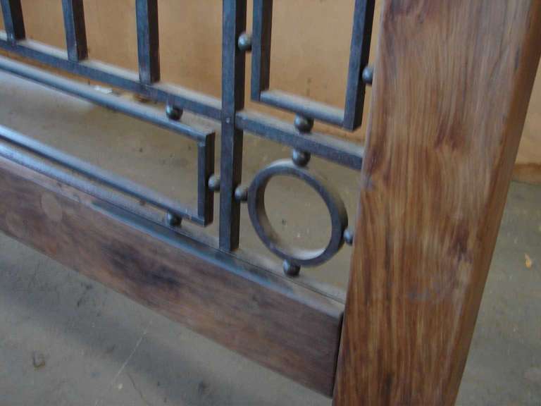 Forged Antique King Bed with Wooden Frame and Foot Board, Iron Headboard and Wood Posts For Sale