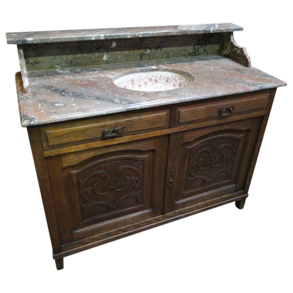 Antique Wooden Vanity with Marble Top and Sink For Sale