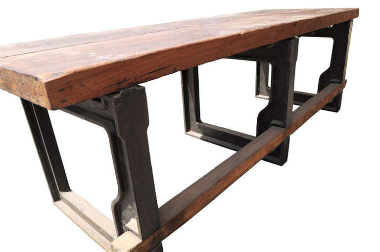 Industrial Wooden Table with Cast Iron Bases 3