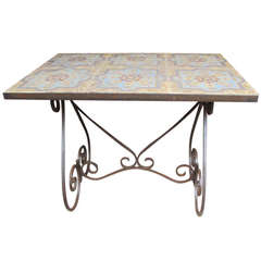 Vintage Coffee Table with Iron Base and Majolica Top