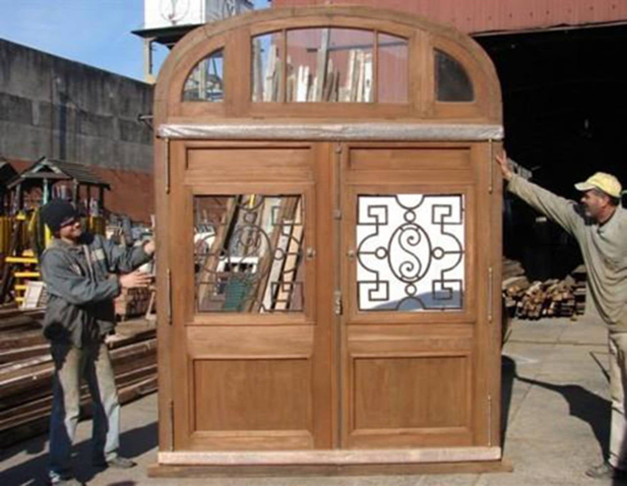 Late 19th Century Antique Double Entry Door Half Round Top Transom For Sale