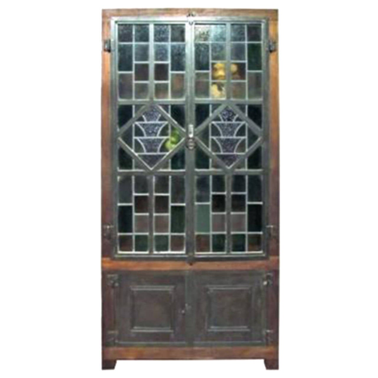 Antique Wooden Wardrobe with Stained Glass Doors For Sale