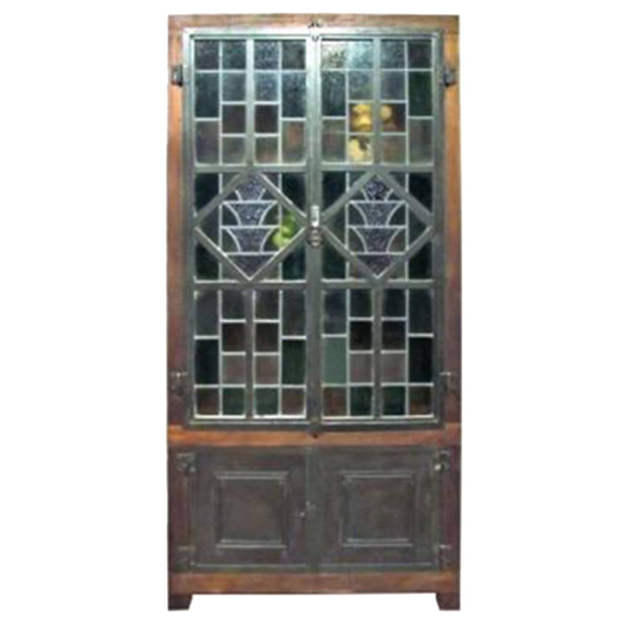 Antique Wooden Wardrobe with Stained Glass Doors For Sale at 1stDibs