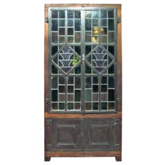 Antique Wooden Wardrobe with Stained Glass Doors