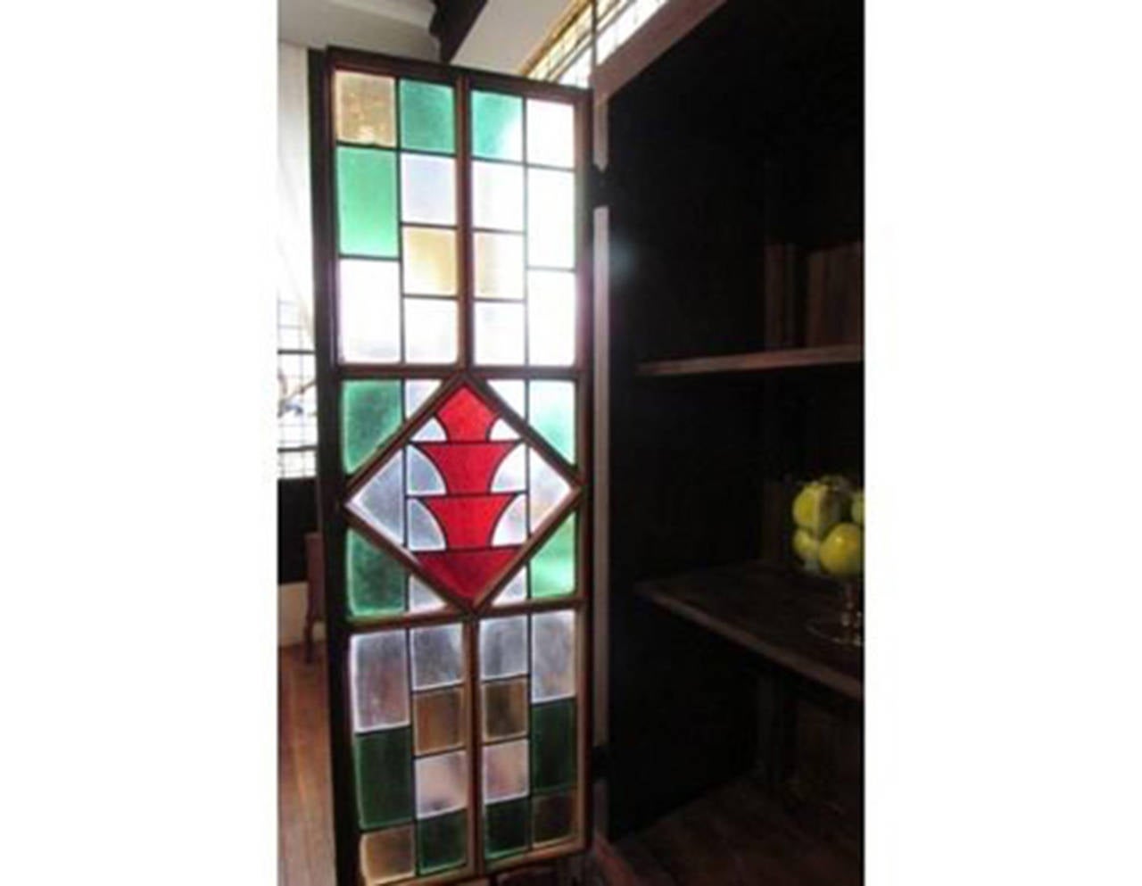 European Antique Wooden Wardrobe with Stained Glass Doors For Sale