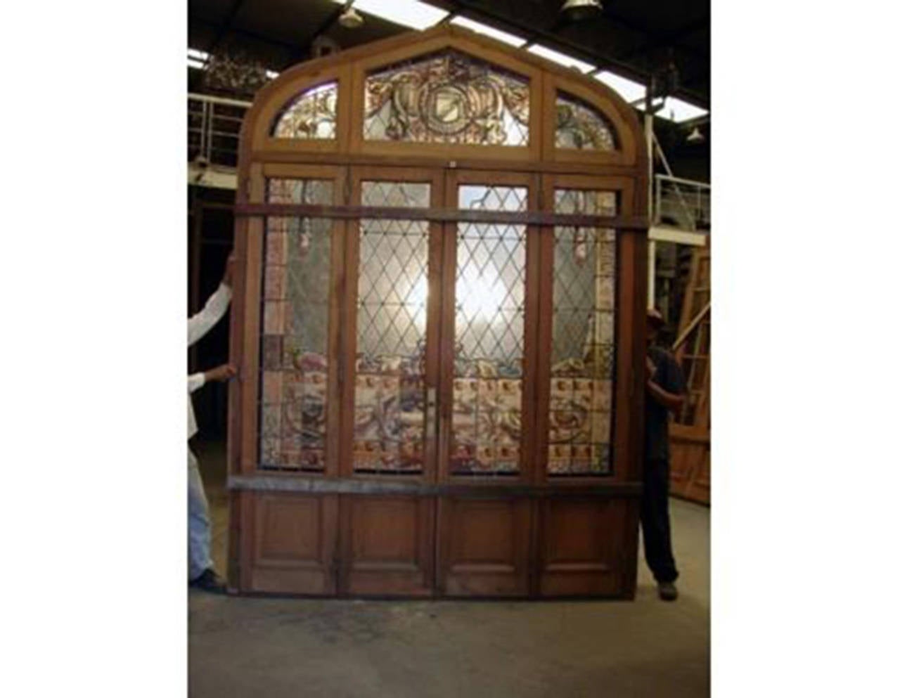 Quadruple Wooden Stained and Leaded Glass Door For Sale 1