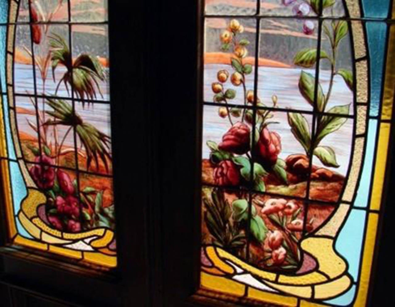 Double Stained and Hand-Painted Glass Door For Sale 1