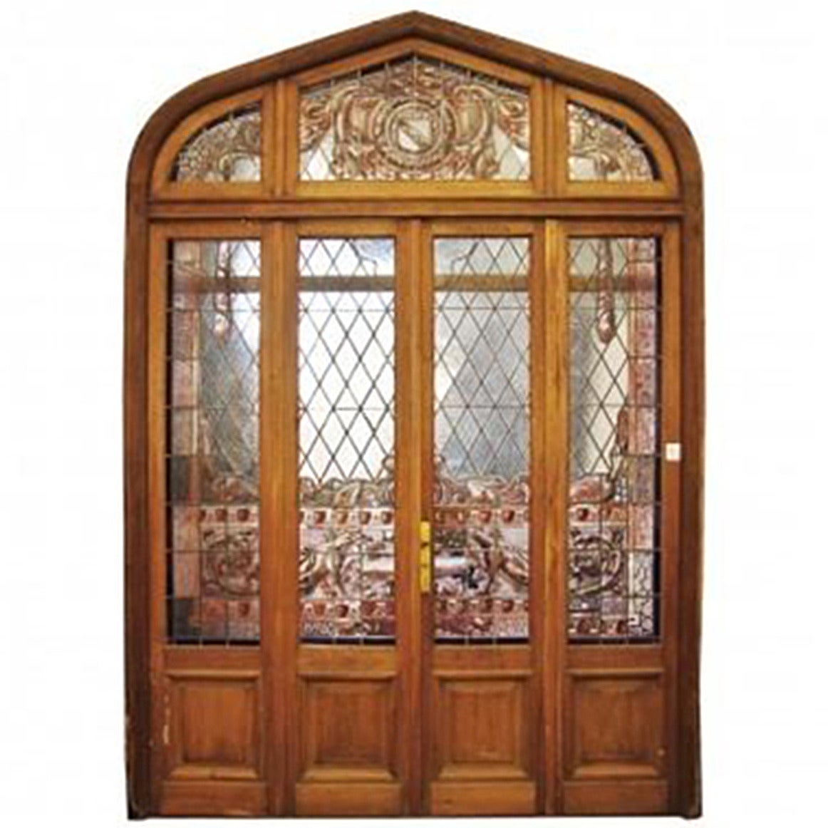 Quadruple Wooden Stained and Leaded Glass Door For Sale