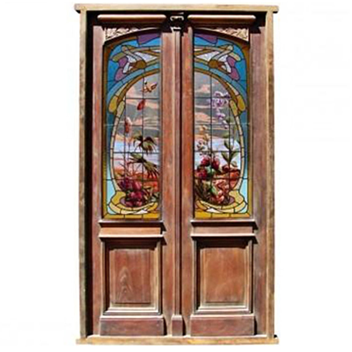 Double Stained and Hand-Painted Glass Door For Sale