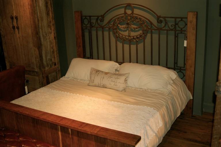 Antique King Bed with Wooden Frame and Foot Board, Iron Headboard and Wood Posts For Sale 2