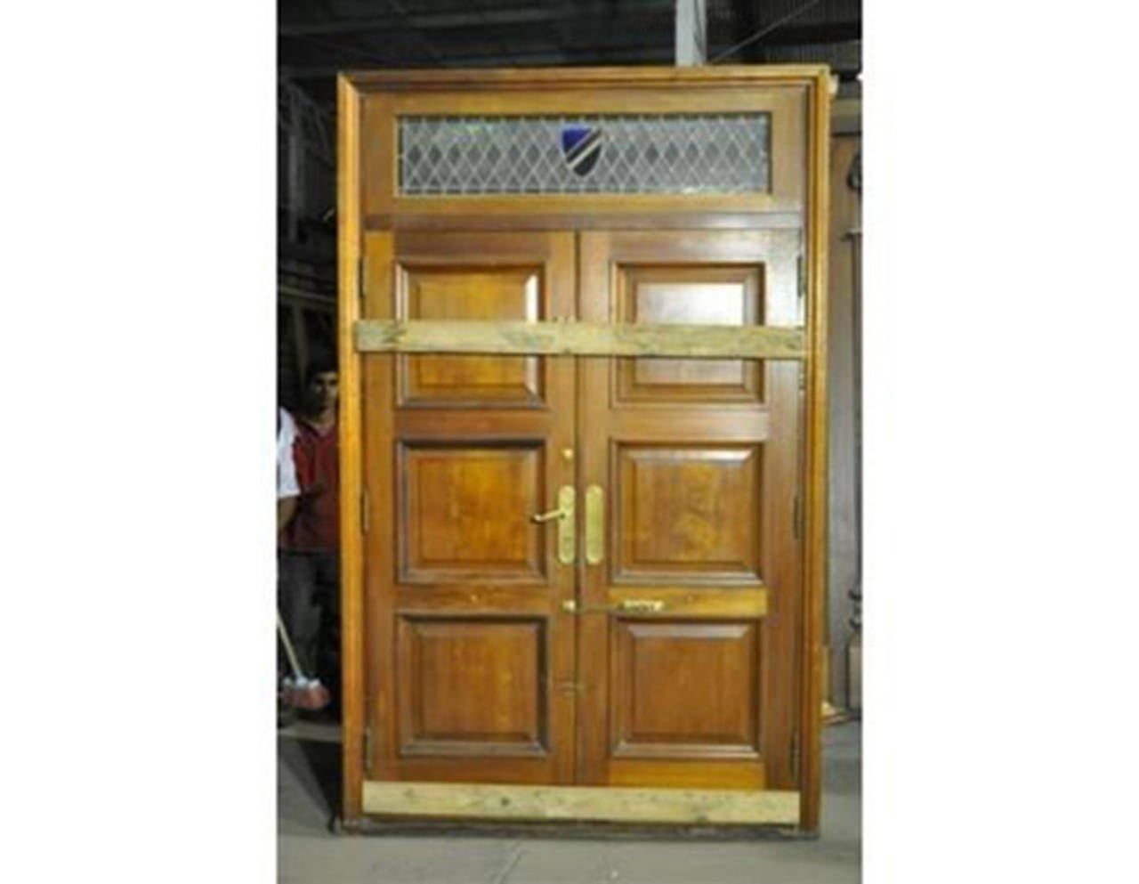 Antique Double Front Door with Stained Glass Transom For Sale 5